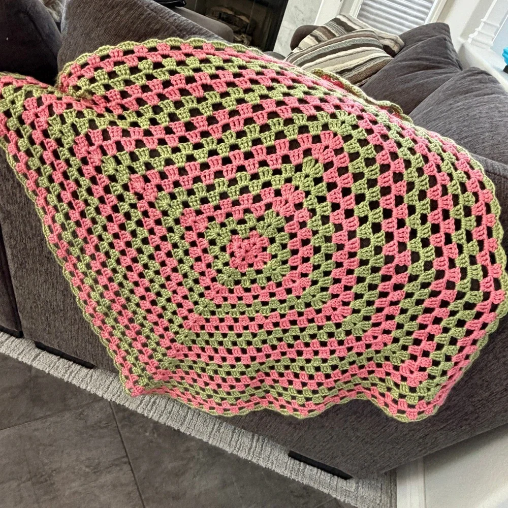 Handmade Pink Green Granny Square Crochet Throw Blanket 29x33 Cottagecore Boho